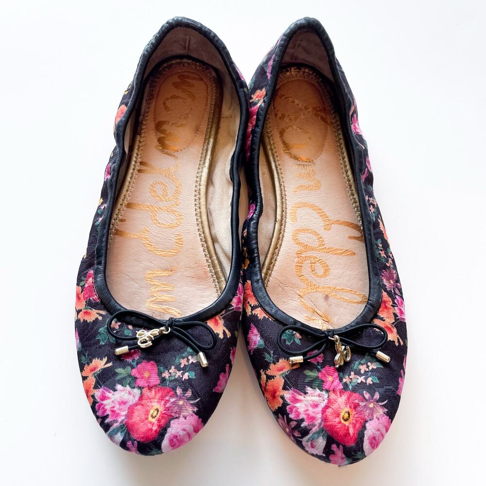 Women's Sam Edelman Black and Pink Floral Ballet Flats Size 8.5